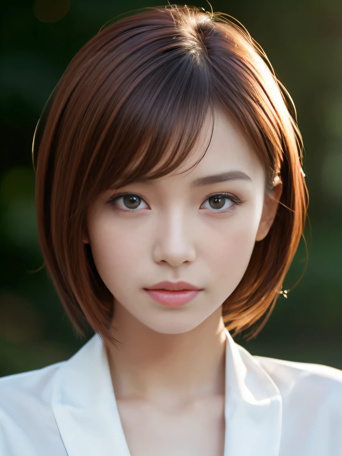 (Detailed skin), (Shiny skin), 8k, Highest quality, masterpiece, Ultra-high resolution, (Realistic:1.4), RAW Photos, (Soft saturation), Mixed-race Japanese women, Red hair, asymmetrical bangs, (Pretty face:1.4), (cinematic lighting:1.3), (Highly detailed face, Highly detailed lips, fine grain, double eyelid, Highly detailed and evenly balanced eyes), (Sharp focus:1.2), (Beautiful woman with perfect figure:1.2), (white shirt with collar), 
