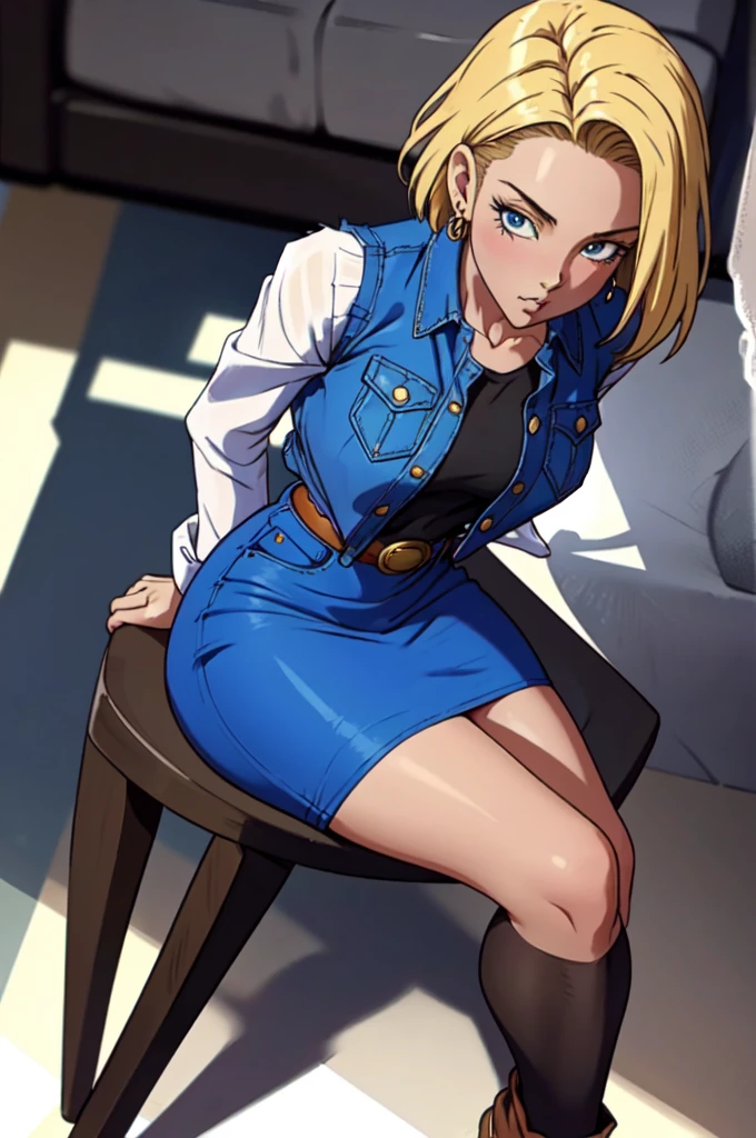 score_9, score_8_up, score_7_up, source_anime BREAK, (ultra realistic,32k, masterpiece:1.2),(high detailed skin:1.1),( high quality:1.1),
android 18, 1girl, solo, (blue eyes:0.70), short hair, blonde hair, earrings,denim skirt, blue skirt, pencil skirt, black shirt, long sleeves, striped sleeves, brown belt, black pantyhose, denim vest, blue vest,,huge breast,large breast,,(looking at viewer, sitting, from above:1.1),, (dense light rays:1.1),   blank background, blurry background, paizuri, fellatio