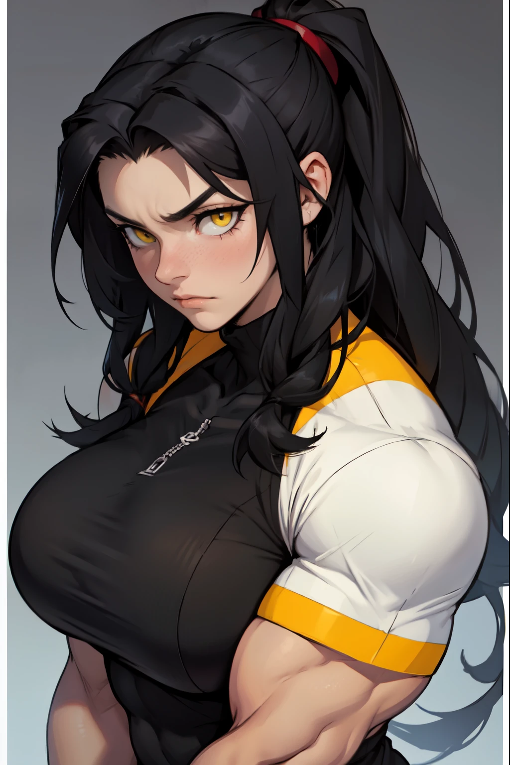 embarrassed sad long black hair yellow eyes pale skin muscular girl huge muscles large breasts