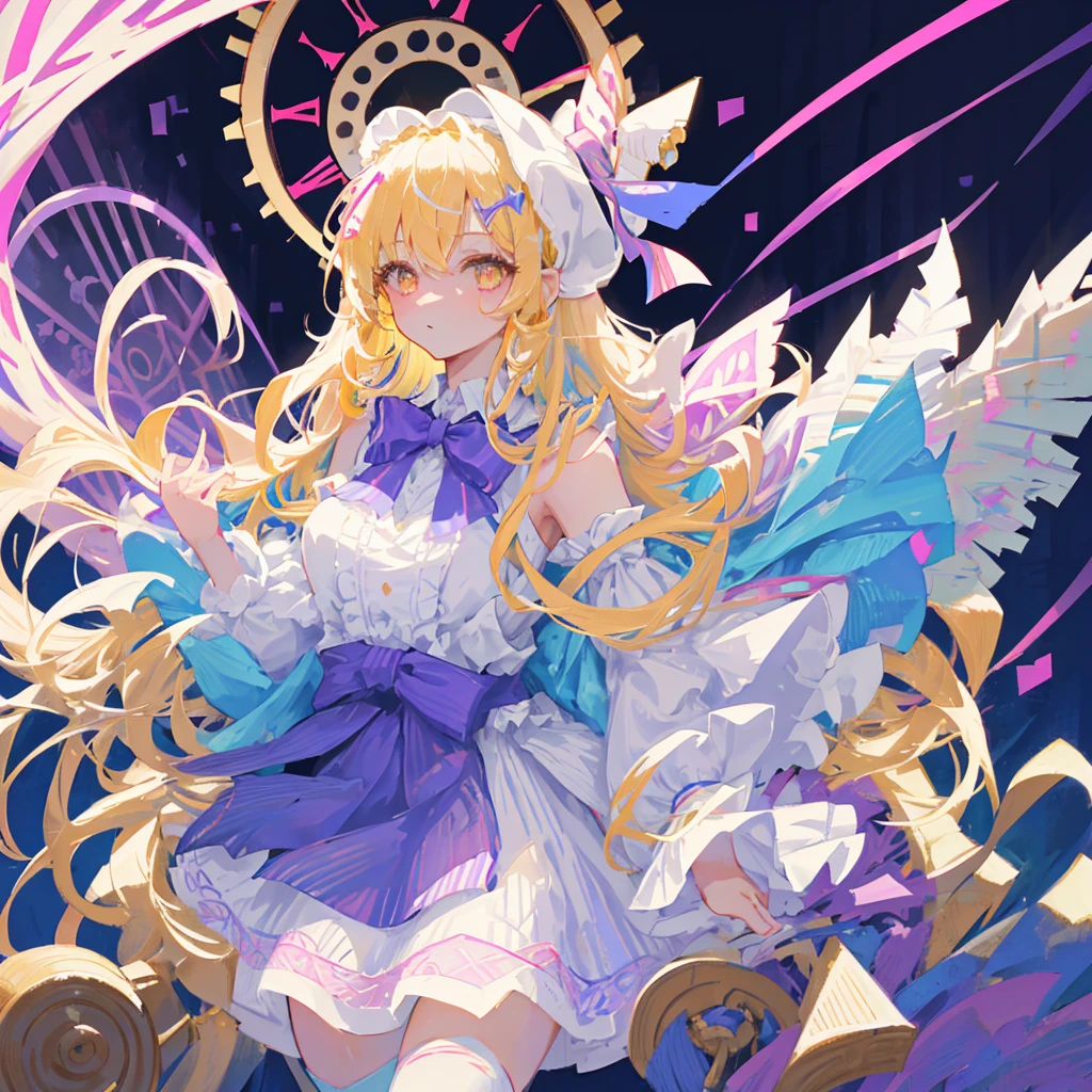 long hair, fluffy hair, blondie hair, yellow eyes, x-shaped pupils. She is wearing a long dress with many layers and colors.. The main part of the dress is white with a purple border at the bottom., adorned with circular patterns resembling gears or clock faces. About this, there is a pink apron-like overlay with white lace trim and a large bow in the back. The character also wears a purple bolero with puffed sleeves that have blue ribbon details.. There are two bows at the front of the bolero, one blue and one red, matching the color scheme of the outfit. Furthermore, there is a light blue tie or scarf under the collar of the bolero. The character is wearing white thigh-high socks with purple stripes at the top and white shoes adorned with red bows.. in the head, She wears a large purple hat decorated with several pink ribbons and bows., blue and red; also features what appears to be a clock face on the front,