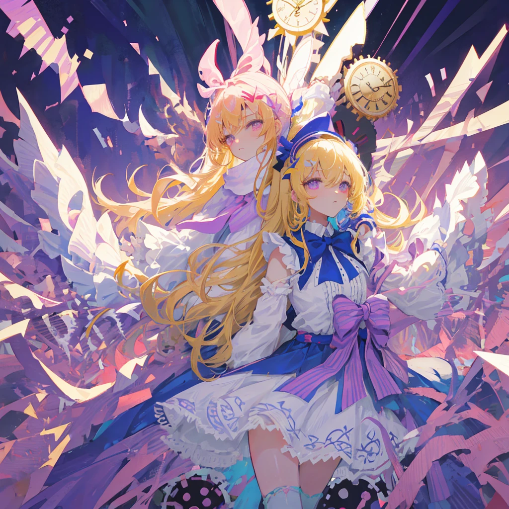 long hair, fluffy hair, blondie hair, yellow eyes, x-shaped pupils. She is wearing a long dress with many layers and colors.. The main part of the dress is white with a purple border at the bottom., adorned with circular patterns resembling gears or clock faces. About this, there is a pink apron-like overlay with white lace trim and a large bow in the back. The character also wears a purple bolero with puffed sleeves that have blue ribbon details.. There are two bows at the front of the bolero, one blue and one red, matching the color scheme of the outfit. Furthermore, there is a light blue tie or scarf under the collar of the bolero. The character is wearing white thigh-high socks with purple stripes at the top and white shoes adorned with red bows.. in the head, She wears a large purple hat decorated with several pink ribbons and bows., blue and red; also features what appears to be a clock face on the front,