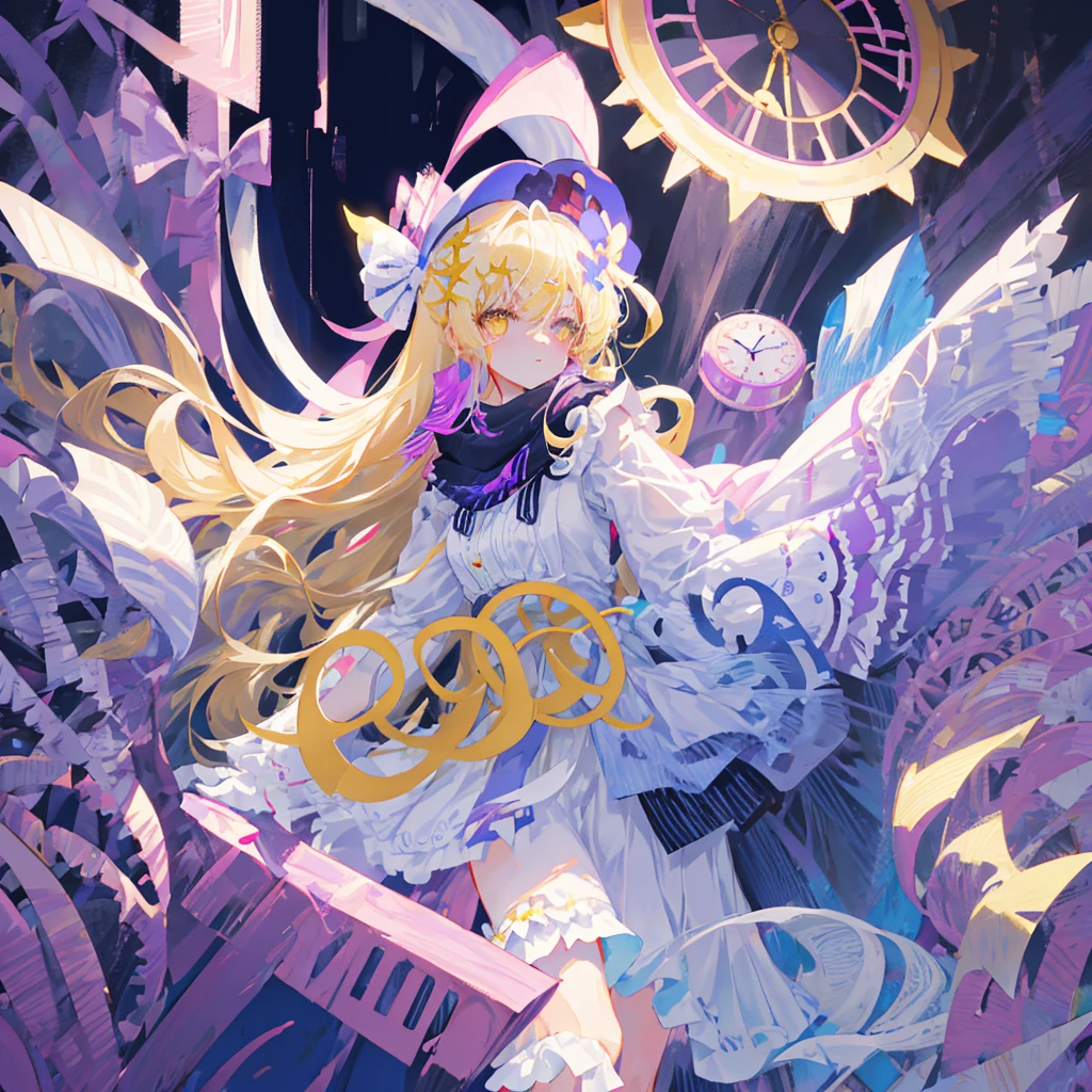 long hair, fluffy hair, blondie hair, yellow eyes, x-shaped pupils. She is wearing a long dress with many layers and colors.. The main part of the dress is white with a purple border at the bottom., adorned with circular patterns resembling gears or clock faces. About this, there is a pink apron-like overlay with white lace trim and a large bow in the back. The character also wears a purple bolero with puffed sleeves that have blue ribbon details.. There are two bows at the front of the bolero, one blue and one red, matching the color scheme of the outfit. Furthermore, there is a light blue tie or scarf under the collar of the bolero. The character is wearing white thigh-high socks with purple stripes at the top and white shoes adorned with red bows.. in the head, She wears a large purple hat decorated with several pink ribbons and bows., blue and red; also features what appears to be a clock face on the front,