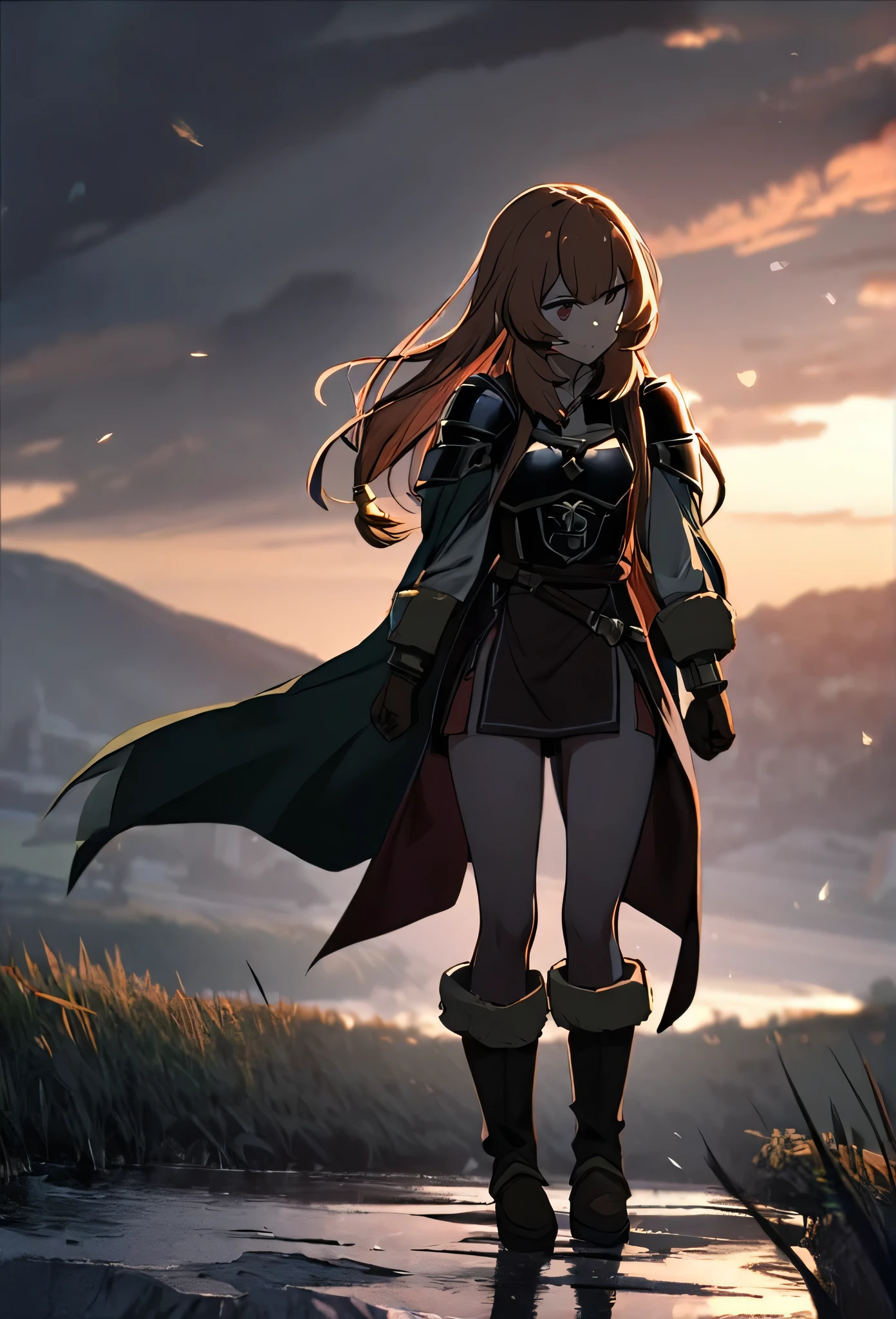 1girl, solo, raphtalia, the rising of the shield hero, black boots, black armor, evil side,