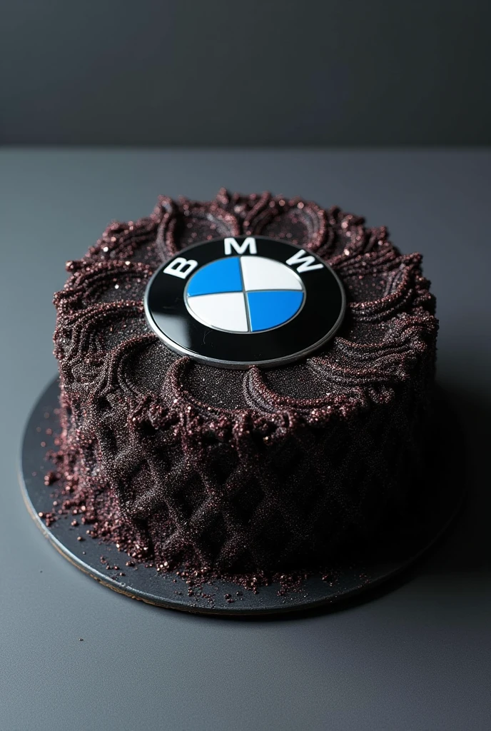 A cake full dark black in middle bmw logo on It and whole glitter on cake 