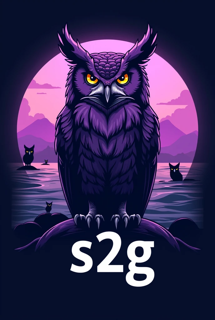 I WANT TO CREATE A LOGO, LET IT BE A LARGE PURPLE MALE OWL, WITH S2G ON IT, SEA BELOW, AND OWLS IN THE BACKGROUND