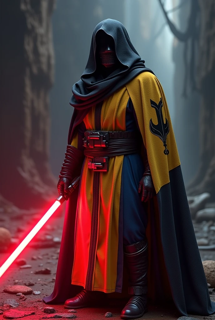 The country barbados as a Sith Lord from Star Wars, black Sceptre Symbol on Cape, colors yellow, Blue and black, red lightsaber, scary, frightening, ultra-realistic