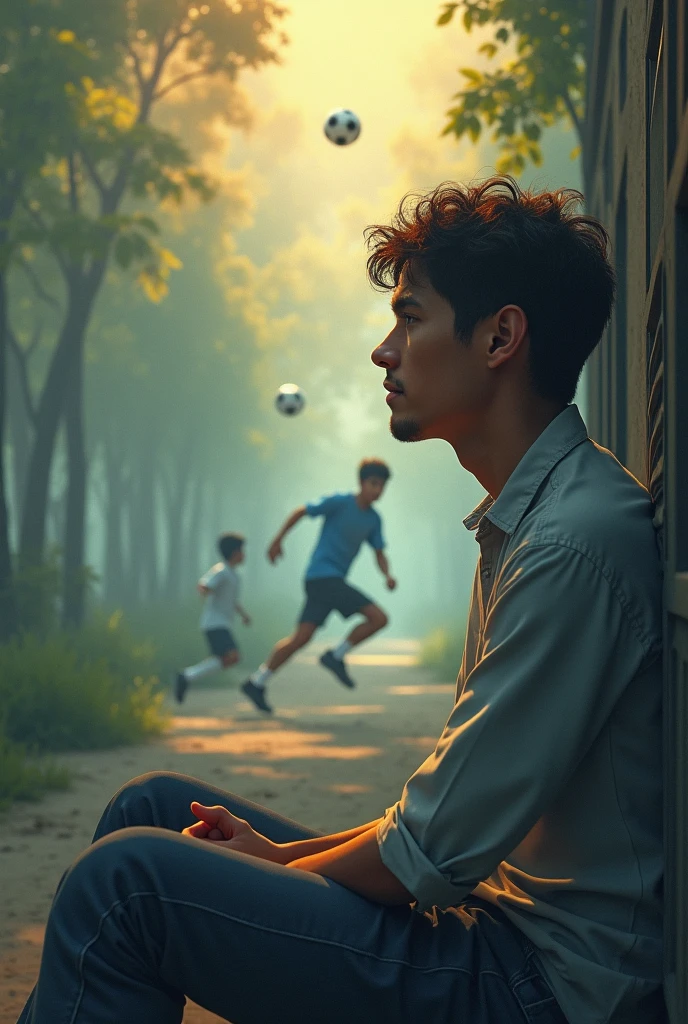 Uni level guy student sitting alone having flashbacks of childhood 10yrs ??? playing soccers with friends. Add that hazy flashbacks too as if its on mind. Make it looking on them and flashbacks color dim so highlighting the guy. Make guy little bit more mature looks and make flashbacks mord dim in color