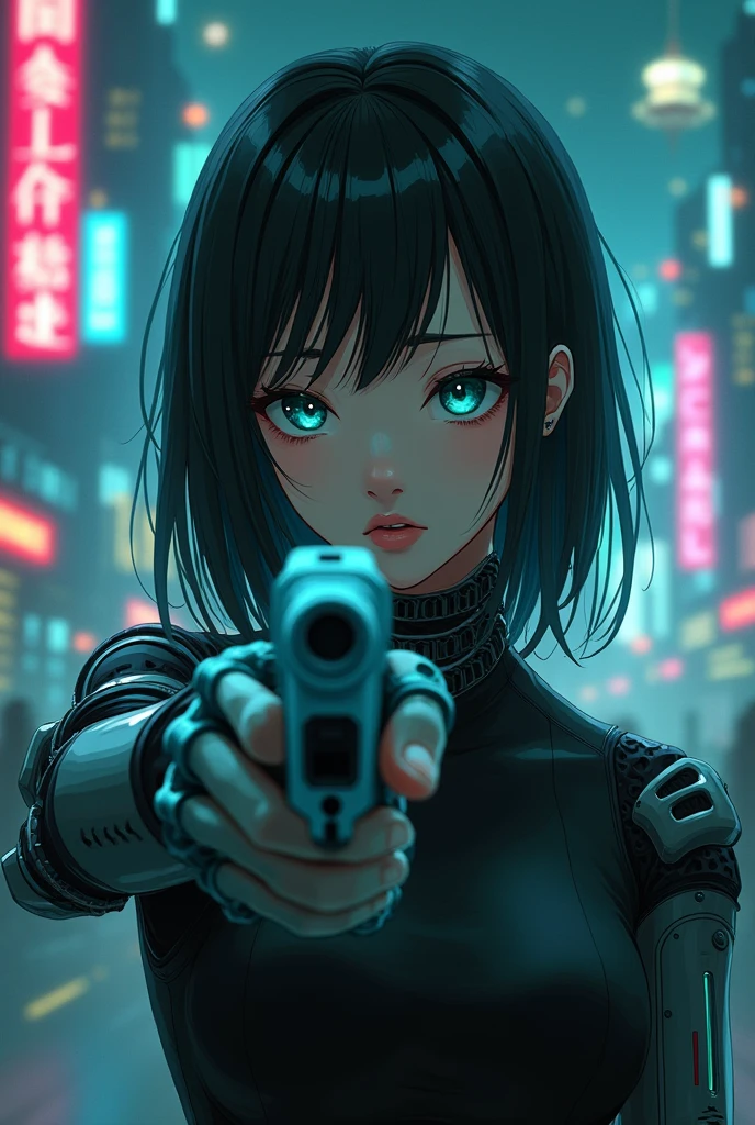 An asian hot woman in her 30s with eyes focused and black hair, robotic arms and neck, face focused, with a rocketship background, blue and pink cyberpunkish colors, more anime like and presenting horror and dark environments, darker and more robotic background with 10 robot arms disconnected in the air at the background and horrifying, like an album cover. A foggy dark environment. Not so bright. Not so realistic. Neon blue neon pink neon green lights. Blue green eyes. 1×1 picture. Add a futuristic futuristic gun in her hand pointing the gun at me while having neutral expression. Add neon futuristic building plus the robot arms to the background. Just a bit realistic more digital art like. With floating robots in the air like after a robot war with a rocketship. Add more features in the background and not blurry. Her finger on the trigger of the gun