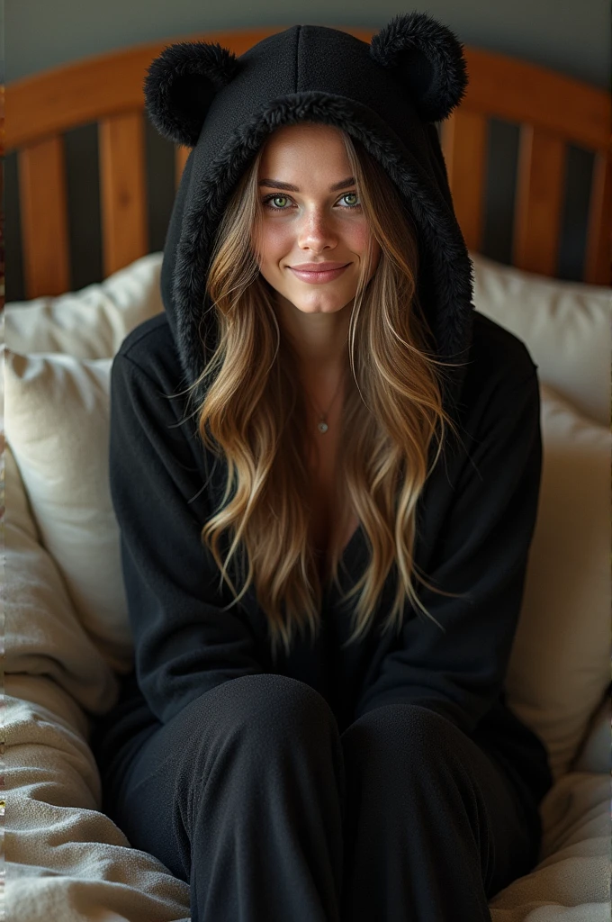 comely, (work of art), best qualityer, (extremely detailded face), extremely detailded eyes, perfect lighting, broad detail, detailded, deep skin,texturized skin, ,bear costume ,black bear costume, long sleeves, hood,,malva , long hair, greeneyes, great smile,on the  bed ,sitting between pillows, ,