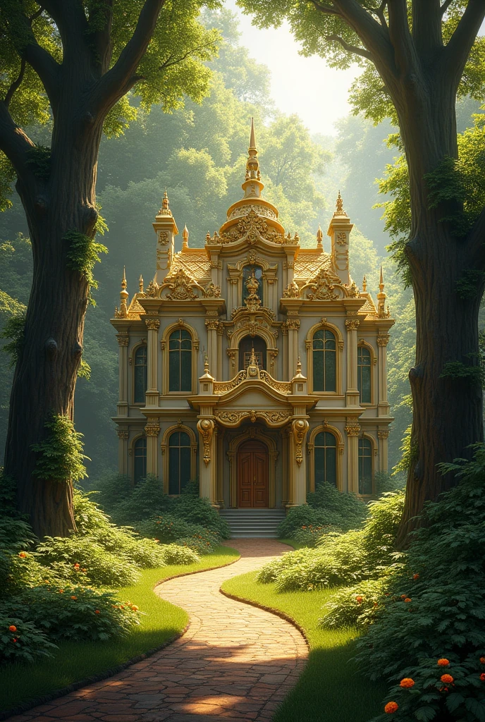 Golden house in the middle of forest