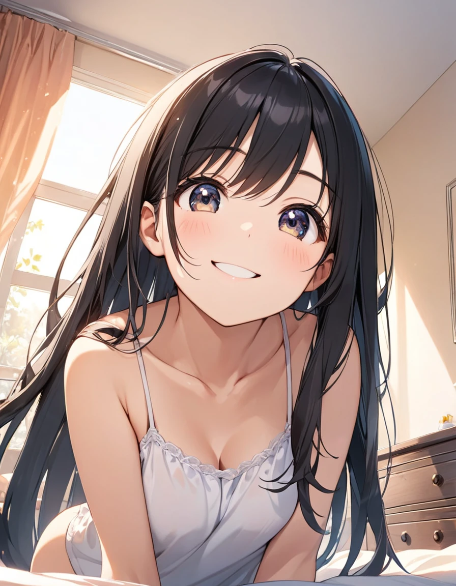 girl, cute, lovely, from chest to head, smiling, straight hair, long hair, black hair, bedroom, morning, sunny, from below, looking down at us, camisole, looking at the camera, leaning forward, peeking