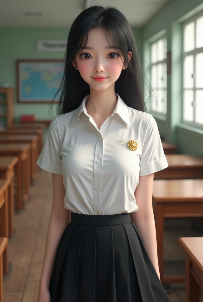 Beautiful, smooth-skinned female student ,  black hair, A gold brooch on the right chest of the shirt., Wear Thai school uniform, White short sleeve shirt, Black mini skirt Black mini skirt,  Slim fit, Stand in the classroom, Behind are study tables and chairs., It is a virtual image.