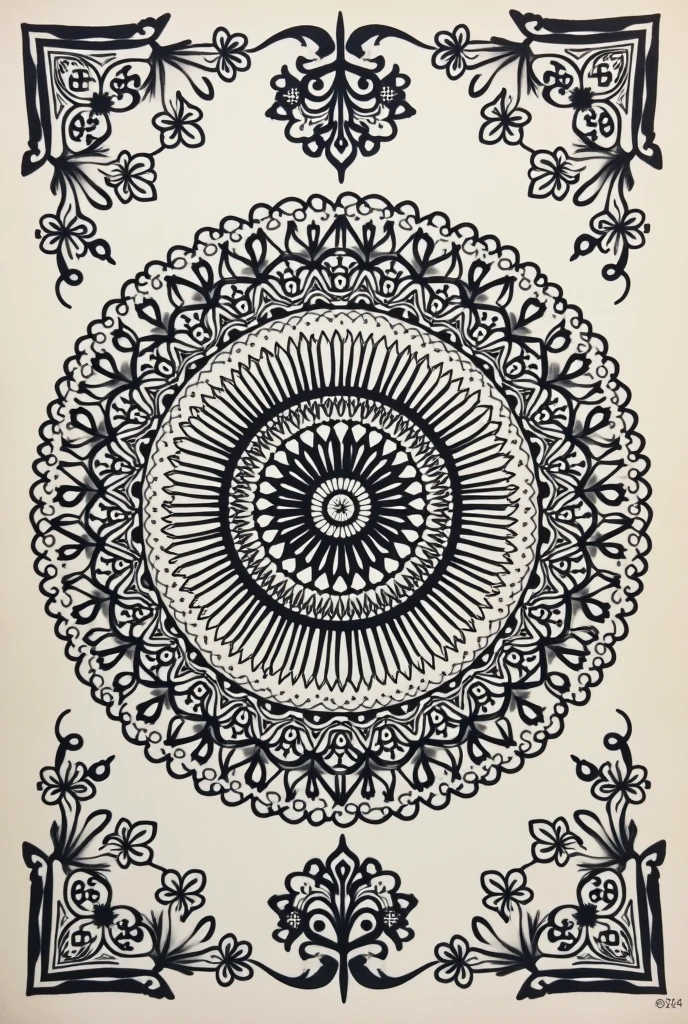 Generate the picture of an easy to draw yet beautiful mandala art. It is to be fitted on a rectangular cloth. In centre there must be a circular design like all other mandala. All other left over sides are filled with some small design