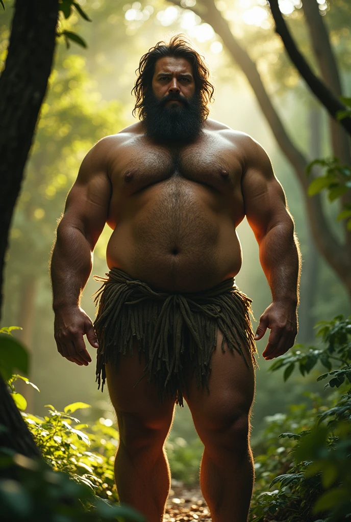 Tall daddy , unkept lhair, completely nude, heavy body and a handsome face standing in the woods in bright sunlight