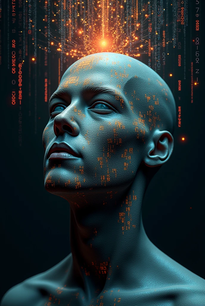 An image of a head with numbers words colors lights appearing