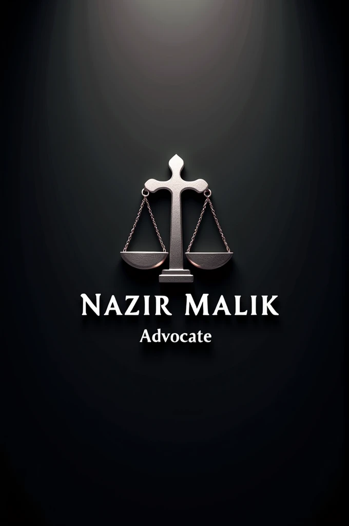 Advocate symbol with "NAZIR MALIK" written below it and below that "ADVOCATE" written in bright silver color, with a charcoal black background