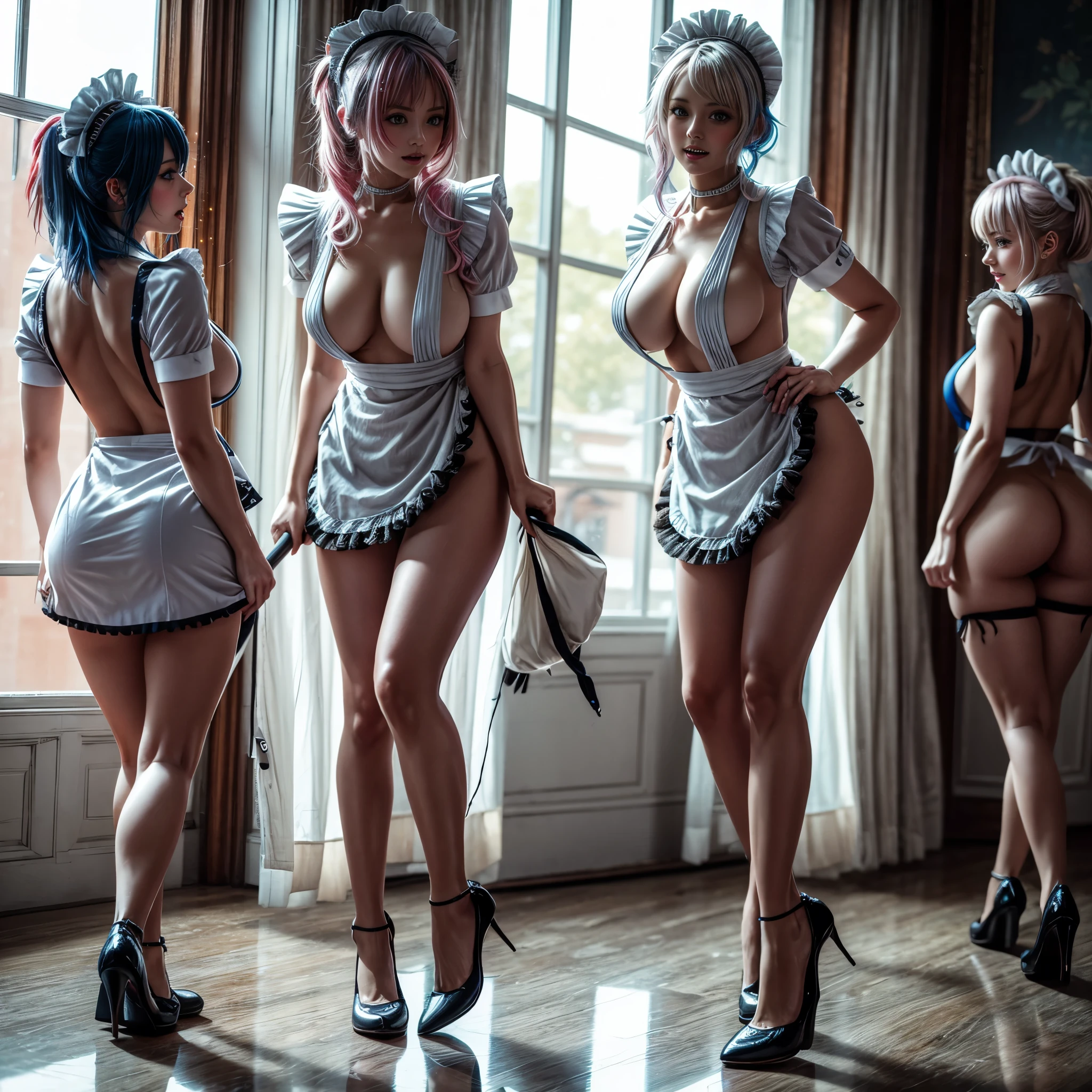 (Full Body of Extremely Detailed((Sexy Maid Group in a row:1.37))), KAWAII perfect face, Reflective Eyes, Detailed(Delicate Clothing textures), Correct Leg Line, Dynamic Joyful Expressions LifeLike Rendering, Specular Reflection, TopQuality 8K Ultra-detailed masterpiece (ProfessionalPhoto:1.37), (Acutance:0.8), (Luminism:1.28), Renaissance art style, Colorful Light particles, ((Full body from side)), {MicroMini Skirt|Kissing|Thigh Gap|AssFocus|(NakedApron with (Overflowing Sideboob)|Reflectiv NippleSticker)}, Radiant Fine Skin with Transparency, (Exposed:0.41), (Different types of Anime hair color){Pink Hair|Blue Hair|Platinum Blonde|Pure White Hair|Liquid Hair}, Perfect Lighting 