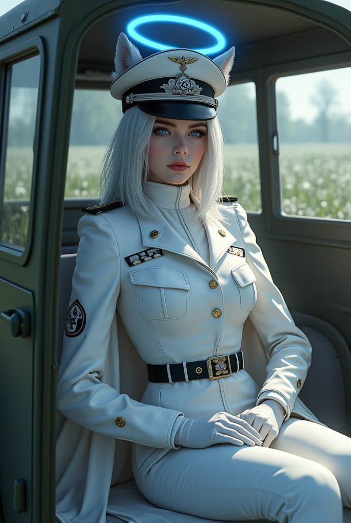 girl，Silver long hair, blue eyes, Wearing white WWII German officer uniform,White gloves, and white military pants, In a meadow，Serious expression, blue halo，White officer's cap，Gray wolf ears，White Cape，Sitting in a military vehicle
