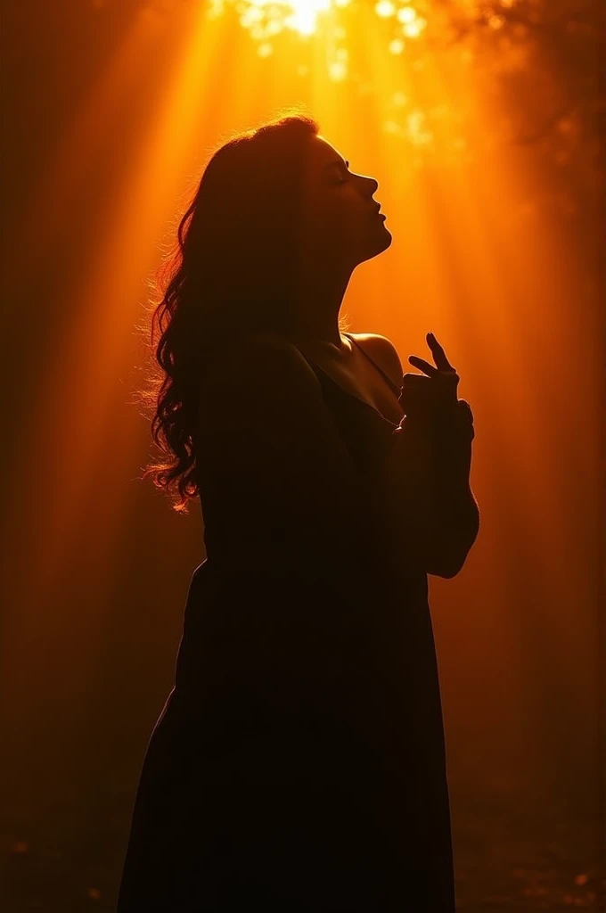 I want someone's image as if it were a shadow, hugging herself and looking out at the sun, take the black and orange photo