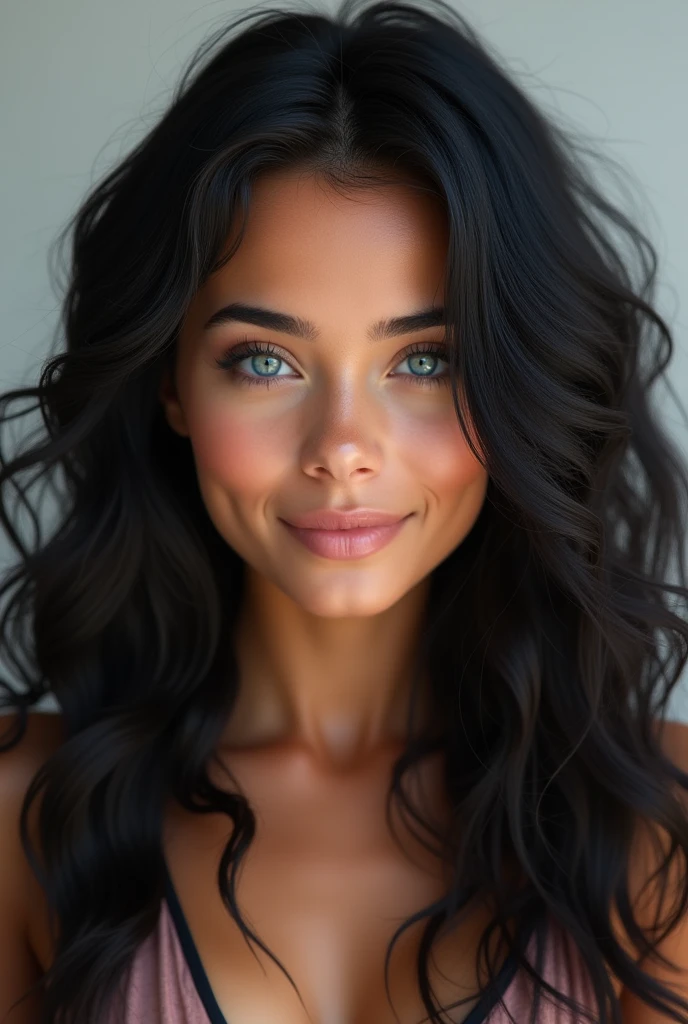 create a beautiful model with blue eyes, long black curly hair, smile, photorealistic, 4k, ultra hd