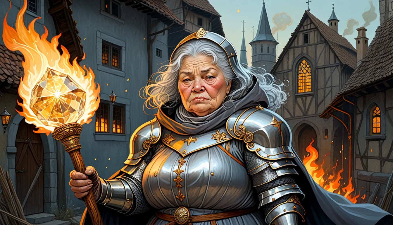 Highly detailed, UHD, 32k, medieval fantasy, Art Style of Rebecca Guay, digital painting, an elderly matron human female chubby villager, with some grey hair, wrinkled face, clad in silver armor and helmet, holding a magical staff. At the top of the staff there is a magical crystal that emits flames. She is at a medieval city. Her face expression is one of evil and stupidity.