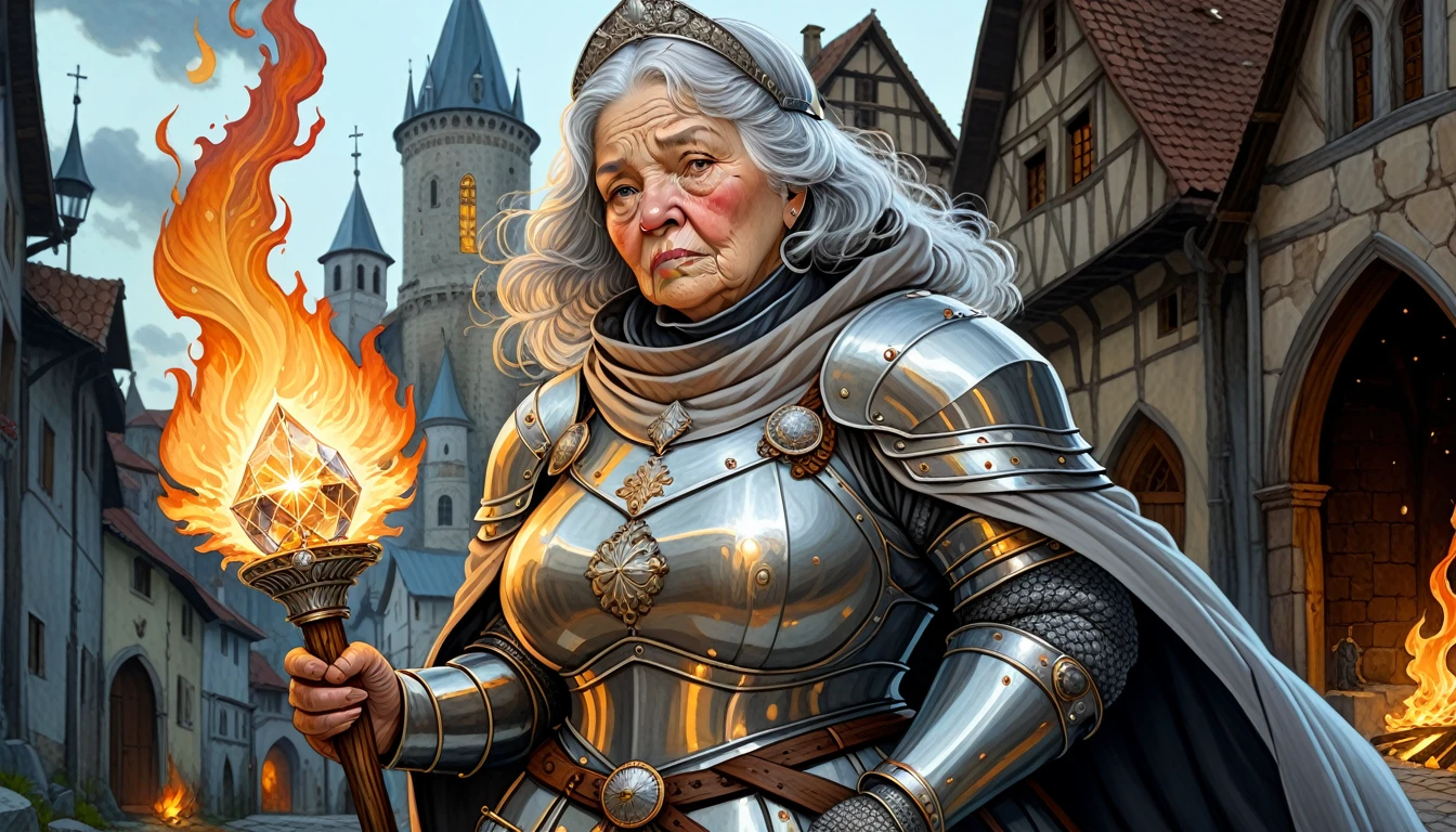 Highly detailed, UHD, 32k, medieval fantasy, Art Style of Rebecca Guay, digital painting, an elderly matron human female chubby villager, with some grey hair, wrinkled face, clad in silver armor and helmet, holding a magical staff. At the top of the staff there is a magical crystal that emits flames. She is at a medieval city. Her face expression is one of evil and stupidity.