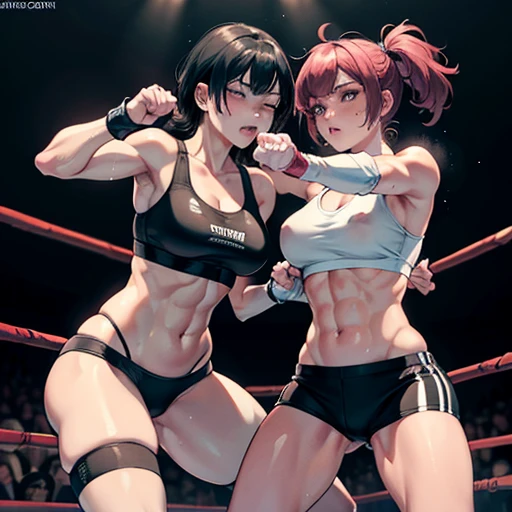 {they are striking each other's face by hard punch}, two {bloody}beautiful young female heavyweight fighters are fighting by extreme bareknuckle boxing in the octagon fighting ring of underground arena with audience. A fierce exchange of dynamic punches. they are beating each other so hard. survival battle. whole body picture. they are covered in scars and bruises. they are damaged terribry. Short-cut black hair, out of breath, drooling from mouth, one eye is closed, exhausted, drenched in sweat. Erect nipples. open finger glove. Ragged white and pink lined sports bra, high leg panty, Stockings. armwarmers. small breasts, armwarmers. Whittled waistline, muscular, six-pack abs, very thick arms and thighs, super huge tits.