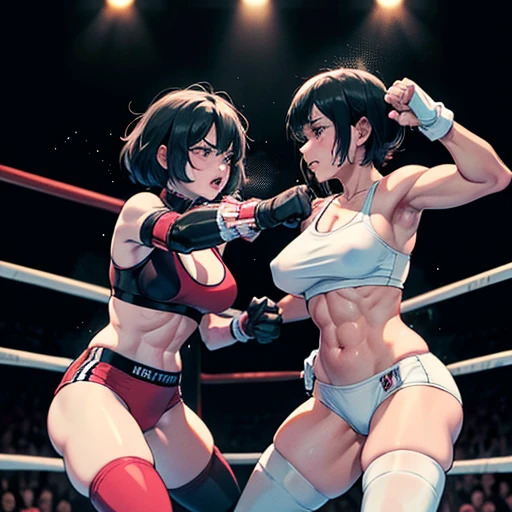 {they are striking each other's face by hard punch}, two {bloody}beautiful young female heavyweight fighters are fighting by extreme bareknuckle boxing in the octagon fighting ring of underground arena with audience. A fierce exchange of dynamic punches. they are beating each other so hard. survival battle. whole body picture. they are covered in scars and bruises. they are damaged terribry. Short-cut black hair, out of breath, drooling from mouth, one eye is closed, exhausted, drenched in sweat. Erect nipples. open finger glove. Ragged white and pink lined sports bra, high leg panty, Stockings. armwarmers. small breasts, armwarmers. Whittled waistline, muscular, six-pack abs, very thick arms and thighs, super huge tits.
