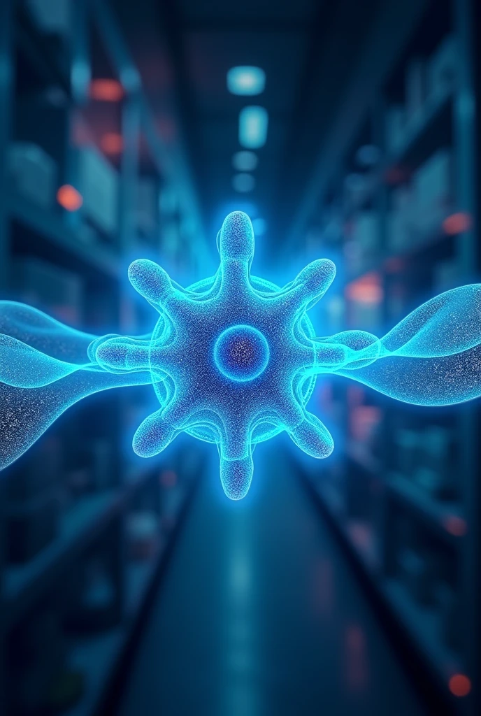 Create an image that represents quantum superposition, showing a subatomic particle in multiple states simultaneously, against the background of a futuristic research laboratory. The scene should include quantum wave graphics and a bright blue light symbolizing energy. O estilo deve ser realista, with vibrant colors that capture the essence of Quantum Physics, high details, (masterpiece, uhd, best quality, RAW, 8k:1.2)