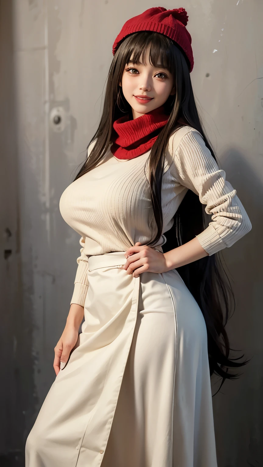 (masterpiece:1.4)、(highest quality:1.4)、ultra high resolution、anime style、20 year old woman、black long hair、blunt bangs、brown eyes、knit hat、Scarf、Beige sweater、long skirt、(huge breasts:1.2)、red face、smile、it's snowing、rooftop、sunrise、The snow reflects the sunlight、natural lighting、deep shadow lighting