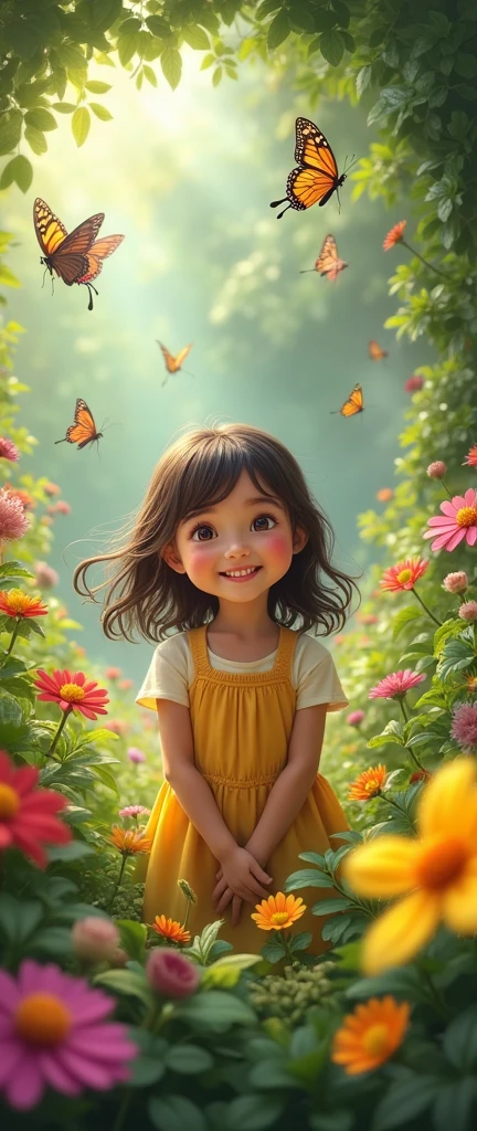 A happy girl in a lush garden, smiling warmly, sunlight filtering through the leaves, butterflies fluttering around, colorful flowers in bloom, intricate details, highly realistic, vibrant colors, cinematic lighting, photorealistic, masterpiece, 8k