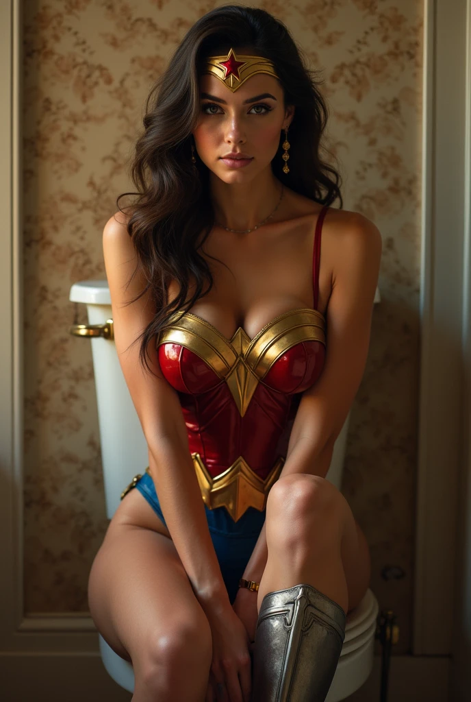 A stunning portrait of Wonder Woman sitting on the royal toilet, young and beautiful, hyper realistic, real portrait, backlit, exquisite features, cleavage, sexy, seductive, panties are around her ankles