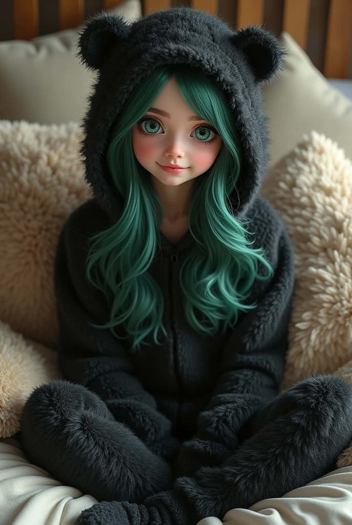 comely, (work of art), best qualityer, (extremely detailded face), extremely detailded eyes, perfect lighting, broad detail, detailded, deep skin,texturized skin, ,bear costume ,black bear costume, long sleeves, hood,,malva , long hair, greeneyes, great smile,on the bed ,sitting between pillows, , new,