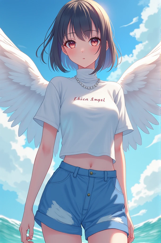 Female character with white turtleneck shirt with angel name and blue angelic shorts with anime theme