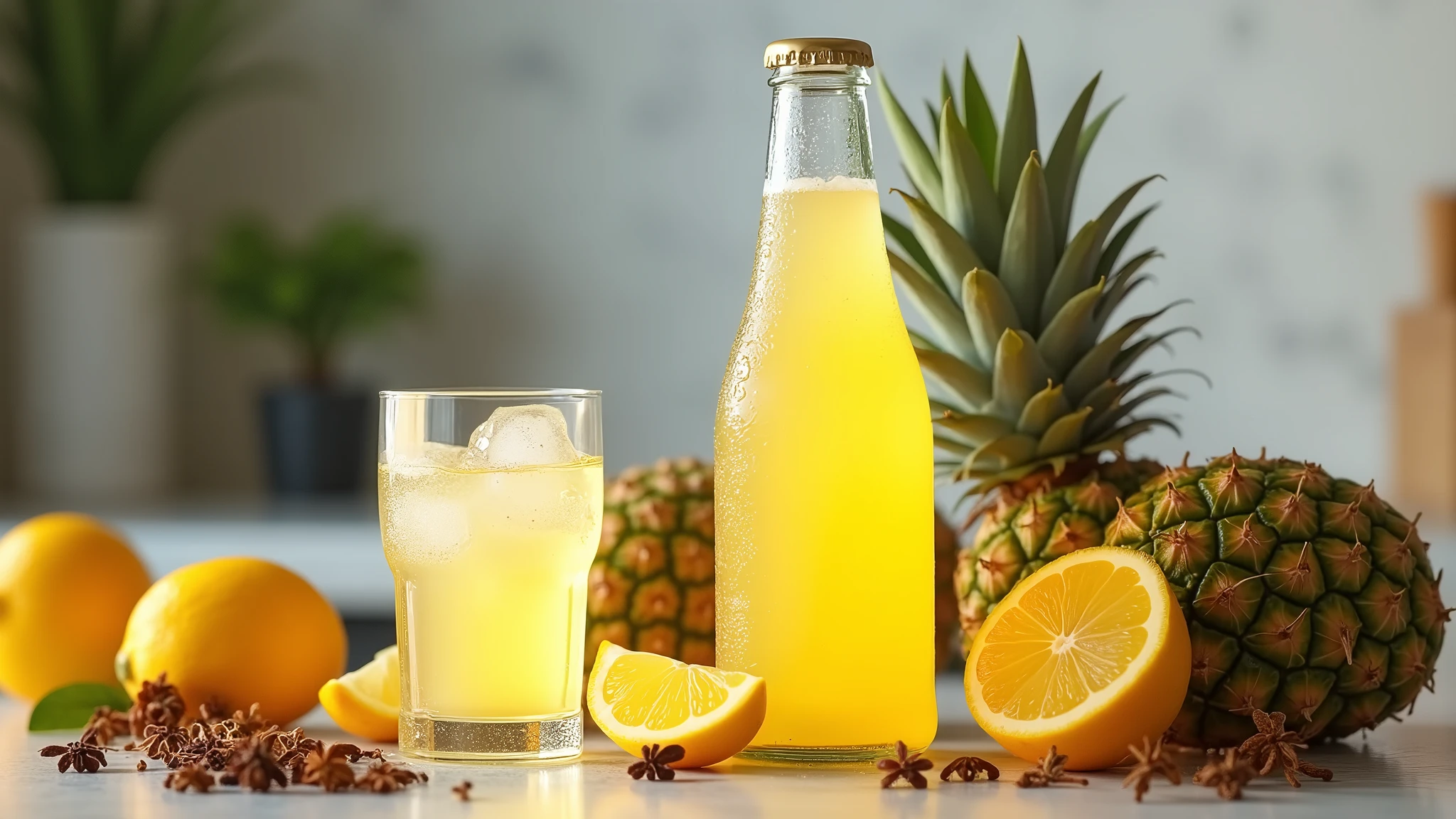 Create realistic a carbonated drink in a beautiful bottle without a label, the color of the drink is like pineapple, with a glass next to it with ice and lemon juice, it is on a kitchen counter, with some fruits and spices, photography, 8k -v