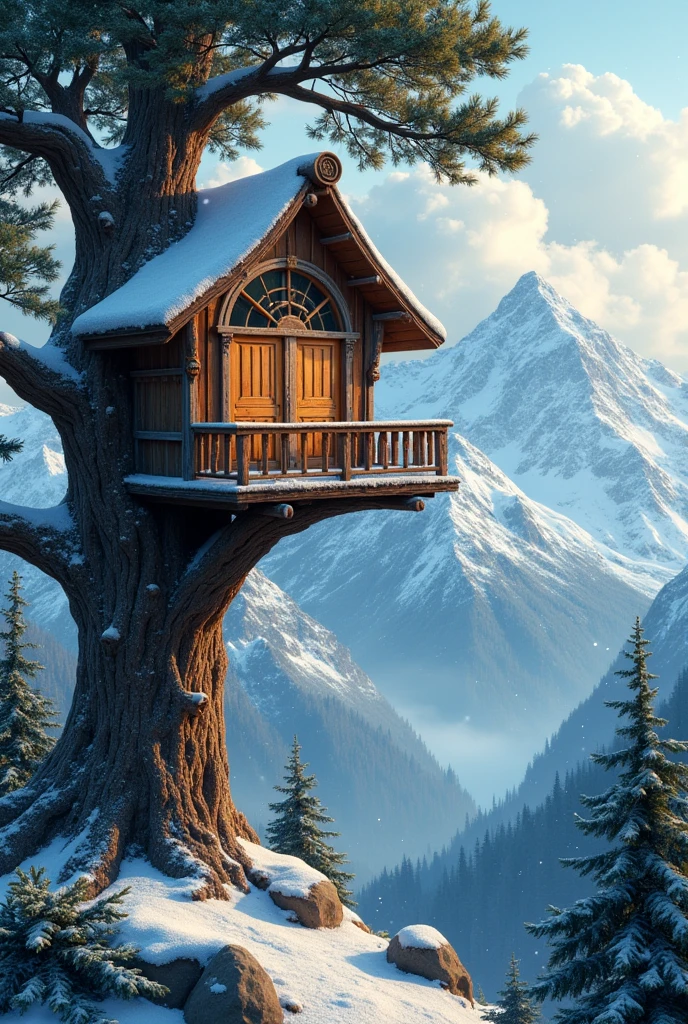 Tree house on the tree with, window,view,on a mountain,top mountain view,snowfall
