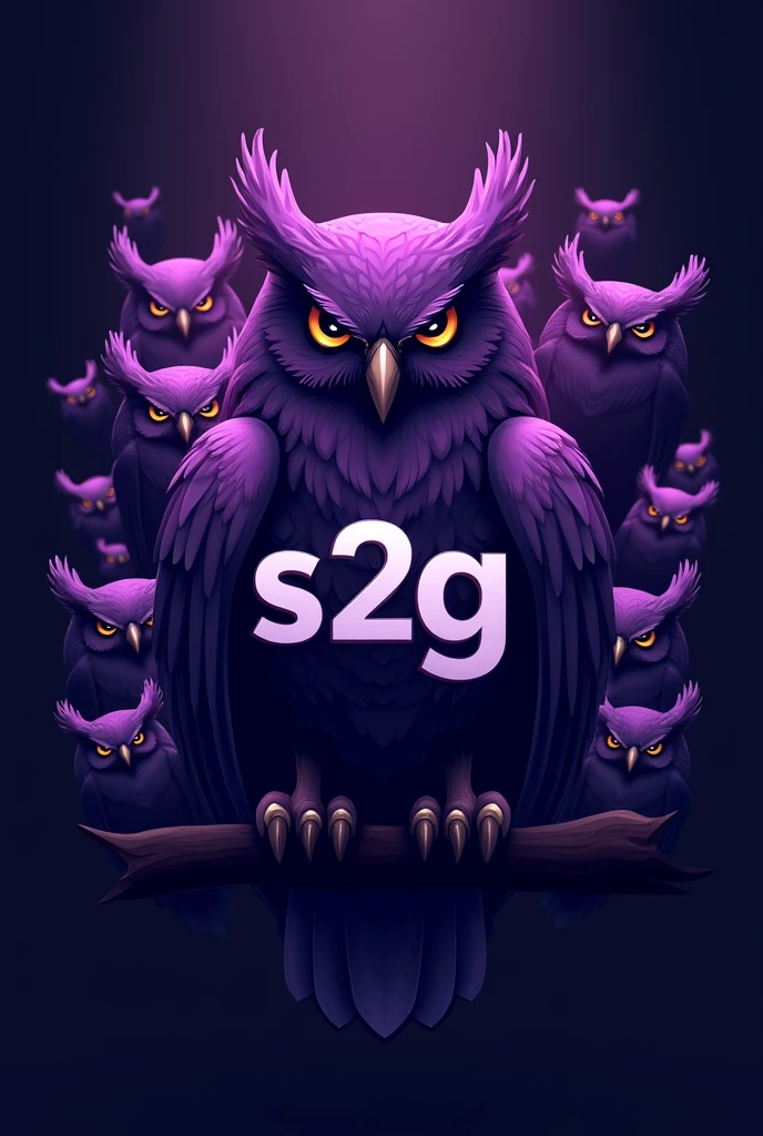 I WANT TO CREATE A LOGO, LET IT BE A LARGE PURPLE MALE OWL, LET IT SAY S2G ON IT, UNDER IT, AND LET THERE BE OWLS IN THE BACKGROUND 