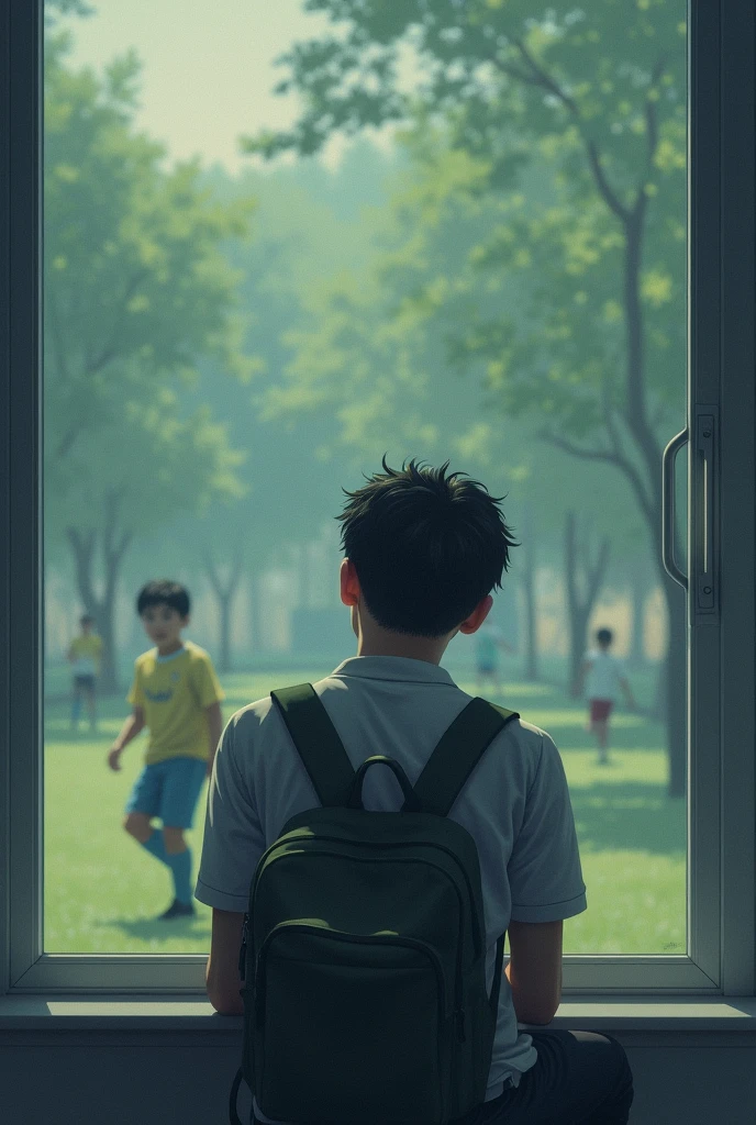 Uni level guy student sitting alone having flashbacks of childhood 10yrs kid playing soccers with friends. Add that hazy flashbacks too as if its on mind. Make it looking on them and flashbacks color dim so highlighting the guy. Make guy little bit more mature looks and make flashbacks mord dim in color. Make guy looking at his old self