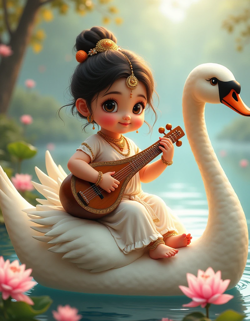 Illustrate a 2  girl as Goddess Saraswati seated on a swan, playing the veena, with a backdrop of a tranquil river and blooming lotuses, reflecting her role as the goddess of knowledge and arts."