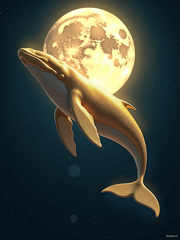 a golden whale with large fins flying around the moon