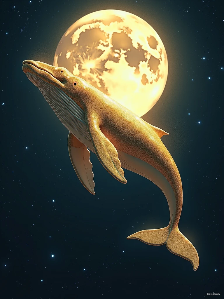 a golden whale with large fins flying around the moon
