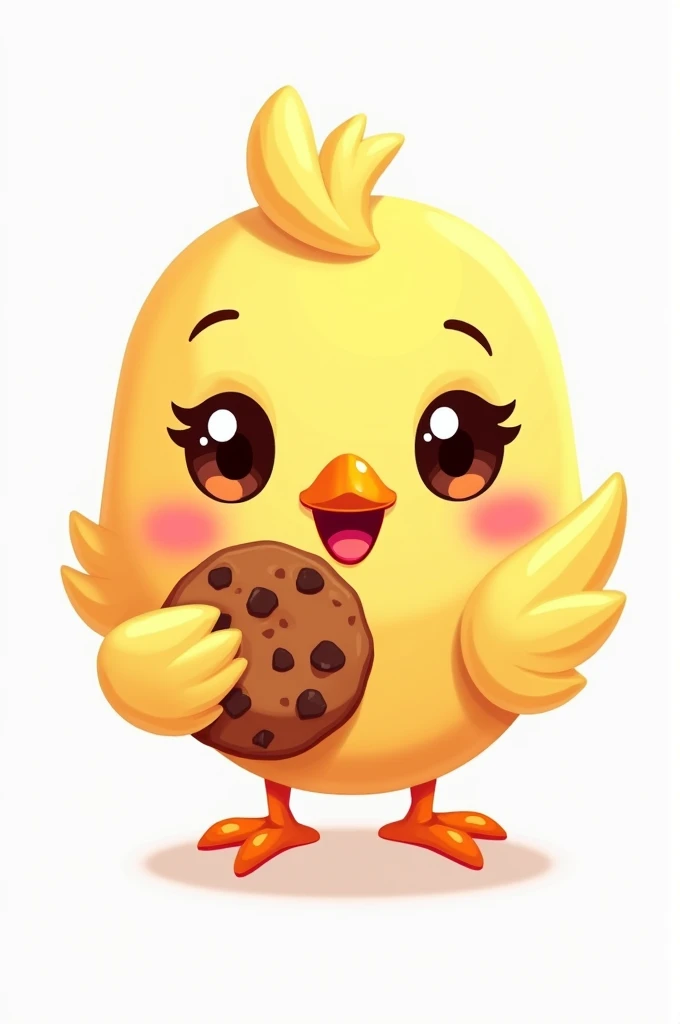 Create an image of an advertising logo for a cookie brand called Pollito y asociados. The image that contains a chick holding a cookie includes the word Pollitos y asociados in the logo in high quality and animated style PNG format.