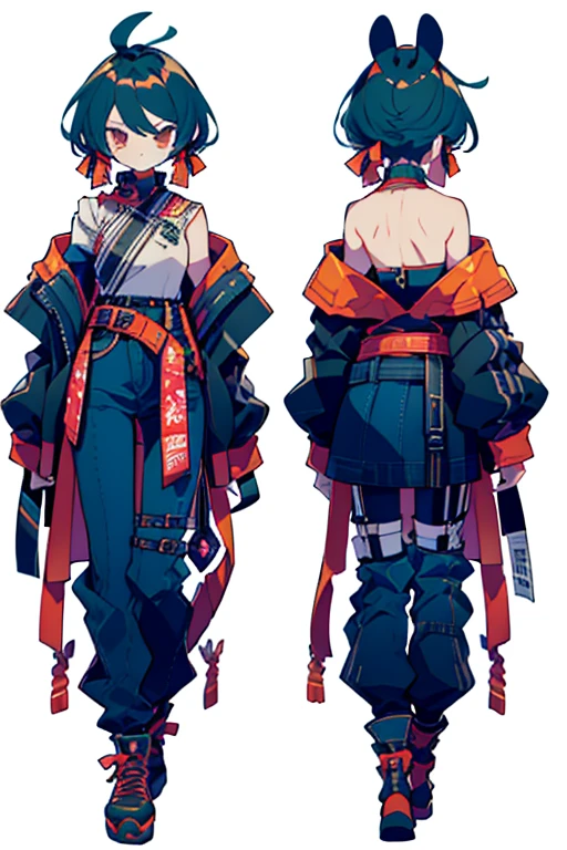 Highest quality, beautiful, detailed,
one person&#39;s, detailed background,
Highest quality, break,

(Slim your waist with a belt),((A thin belt that tightly binds the waist)),(Narrow waist),Street Style,break,

View your audience,Contemporary, break,

 ((Character Design)),((Character Designシート)),((three views, Front, back and sides,)),White Background