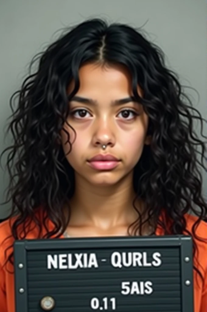 a mugshot of a white Mexican girl with black curly hair and a nose ring in the left side of her nose