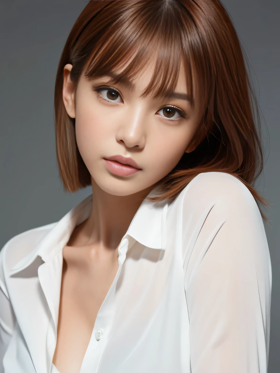 (Detailed skin), (Shiny skin), 8k, Highest quality, masterpiece, Ultra-high resolution, (Realistic:1.4), RAW Photos, (Soft saturation), Mixed-race Japanese women, Red hair, asymmetrical bangs, (Pretty face:1.4), (cinematic lighting:1.3), (Highly detailed face, Highly detailed lips, fine grain, double eyelid, Highly detailed and evenly balanced eyes), (Sharp focus:1.2), ((Full Body Shot)), (Perfect Anatomy:1.3), (Beautiful woman with perfect figure:1.2), (white shirt with collar), (Random poses:1.2),