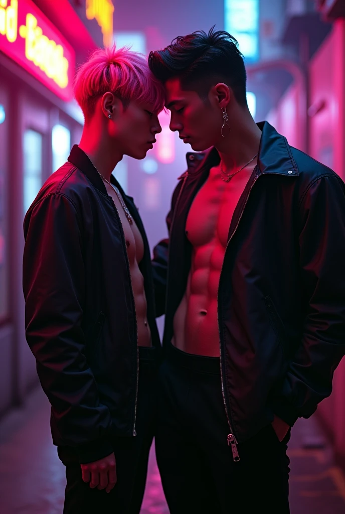 interracial homologation couple, 1 Hot Korean man with defined pink hair, black jacket with white hair open shirtless , tight black pants, front view, K-idol, hot , sexy , k-idol bdsm , BDSM, black man nerd , street club, masterpiece