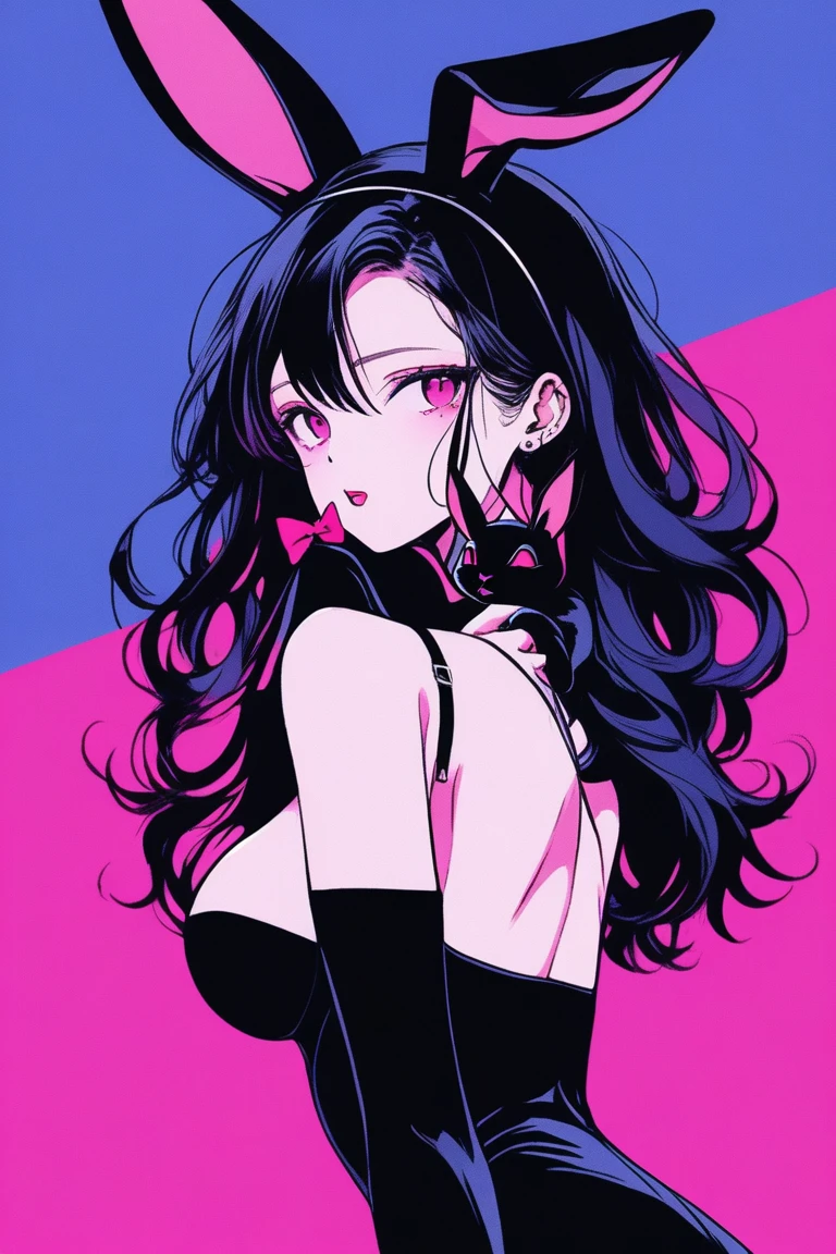 Illustrator, anime , Realistic ,sketch , 1 person, model, Age 25, lip, Sexy and skimpy playboy bunny,rabbit ears, black rabbit ears, fake rabbit ears, pantyhose, black pantyhose,bowtie, wrist cuffs, black leotard, order, Blue and pink gradient background, Neon Long Hair, Big Breasts, Her cleavage is visible, look back, Upper Body, Sexy look, Texture Trim, Russia, (masterpiece,Highest quality)