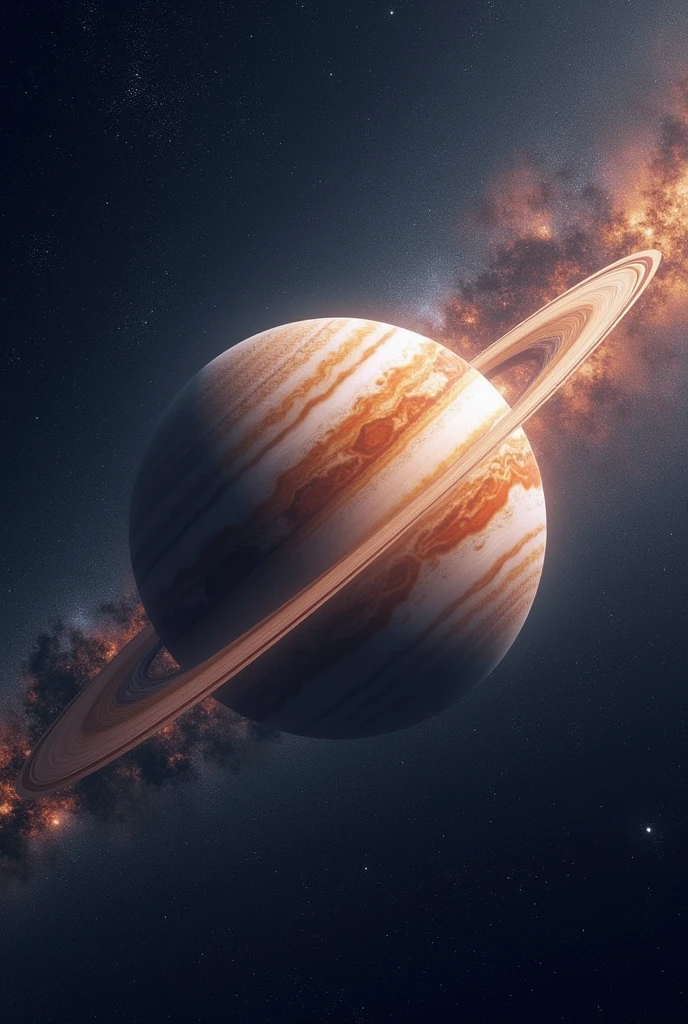 A ringless Jupiter planet rotating in the Milky Way, with its characteristic stain. And its hydrogen atmosphere