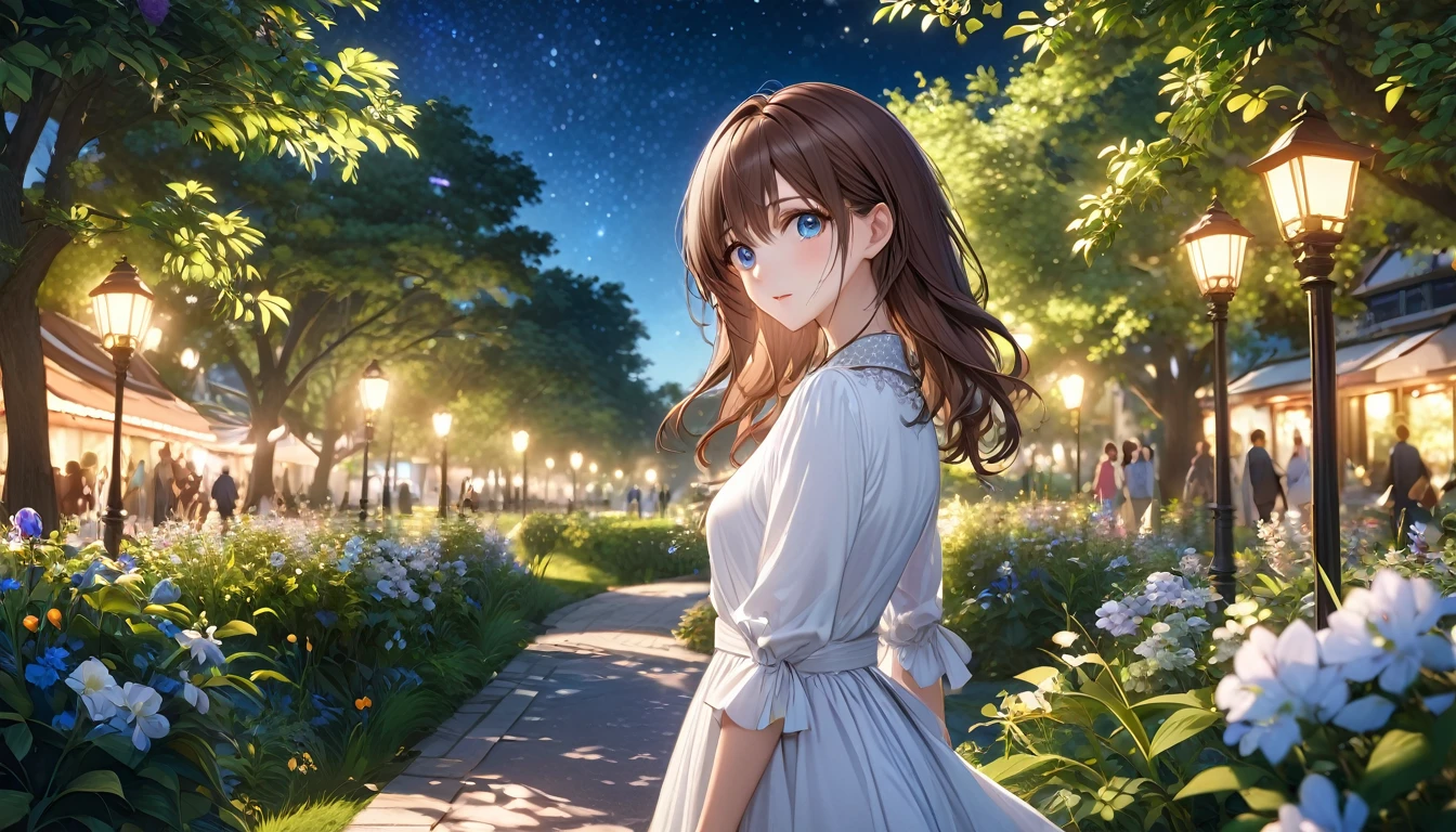 Beautifully detailed anime, Brown Hair, One person, Walk in the park, Quiet and peaceful park scene, Lush foliage, Detailed Flowers, wood々, Beautiful night sky, Vibrant colors, (Highest quality,4K,8k,High resolution,masterpiece:1.2),Very detailed,(Realistic,photoRealistic,photo-Realistic:1.37),Detailed facial features, Beautiful Eyes, Elegant pose, Intricate details,Very far