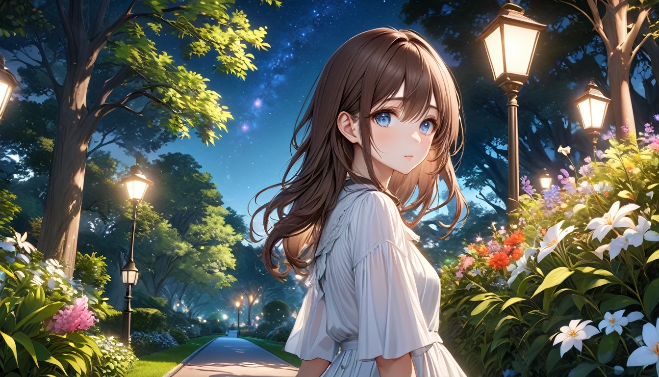 Beautifully detailed anime, Brown Hair, One person, Walk in the park, Quiet and peaceful park scene, Lush foliage, Detailed Flowers, wood々, Beautiful night sky, Vibrant colors, (Highest quality,4K,8k,High resolution,masterpiece:1.2),Very detailed,(Realistic,photoRealistic,photo-Realistic:1.37),Detailed facial features, Beautiful Eyes, Elegant pose, Intricate details,Very far